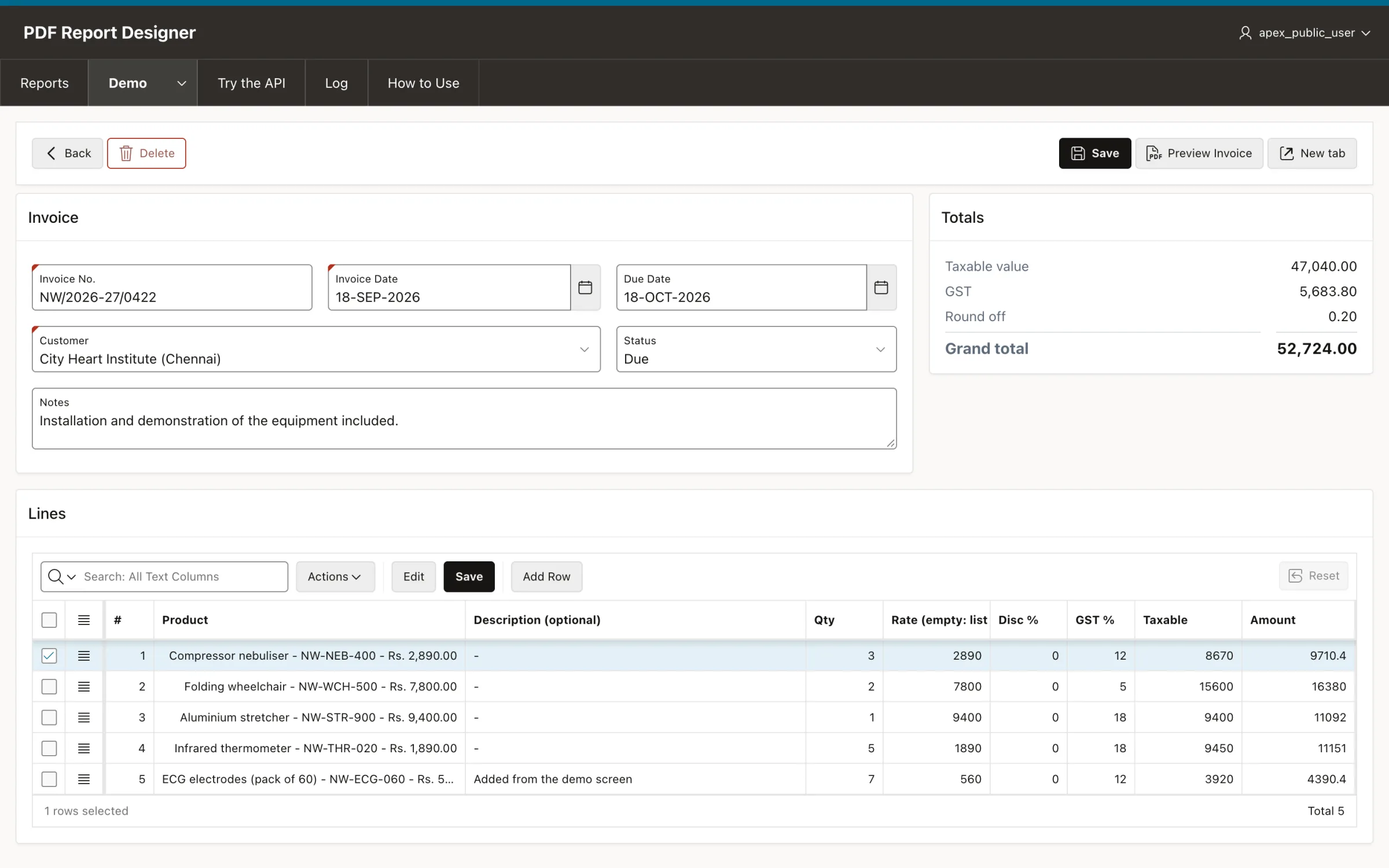An APEX invoice form with lines, totals and Preview Invoice and New tab buttons