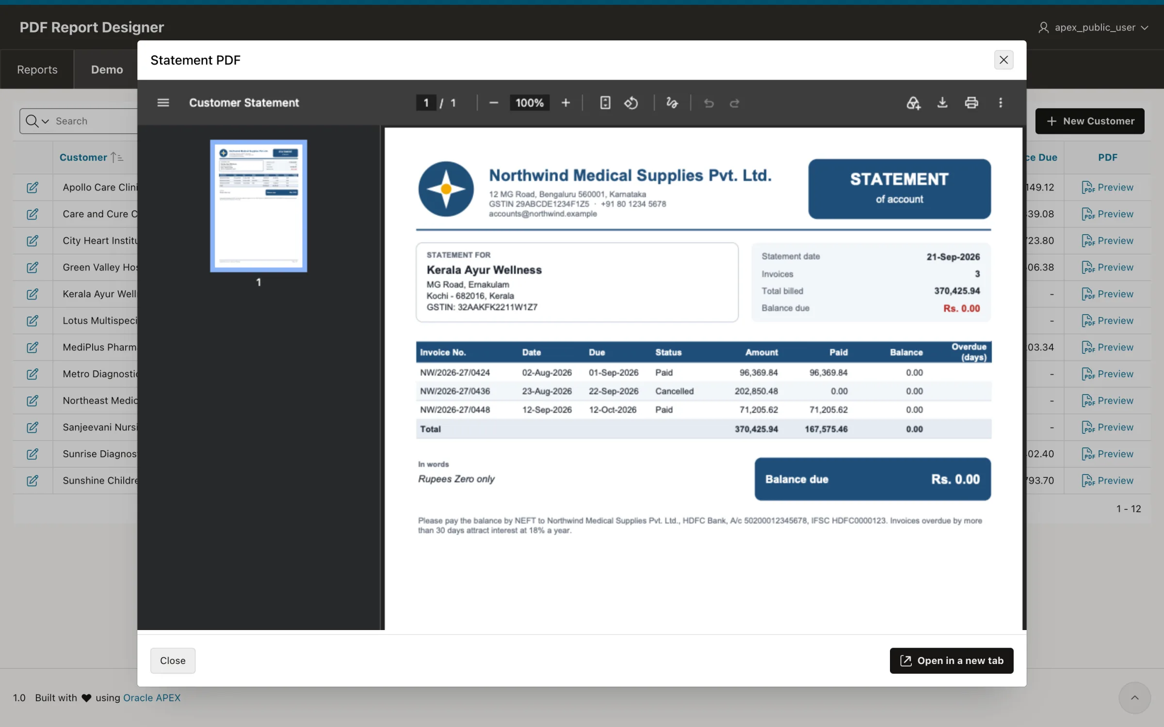 A customer statement PDF in an APEX modal dialog