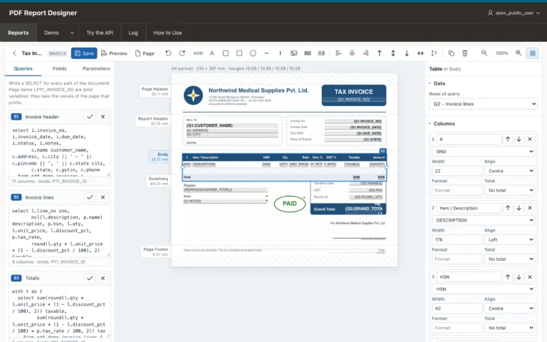 VinAura PDF report designer for Oracle APEX showing a tax invoice layout