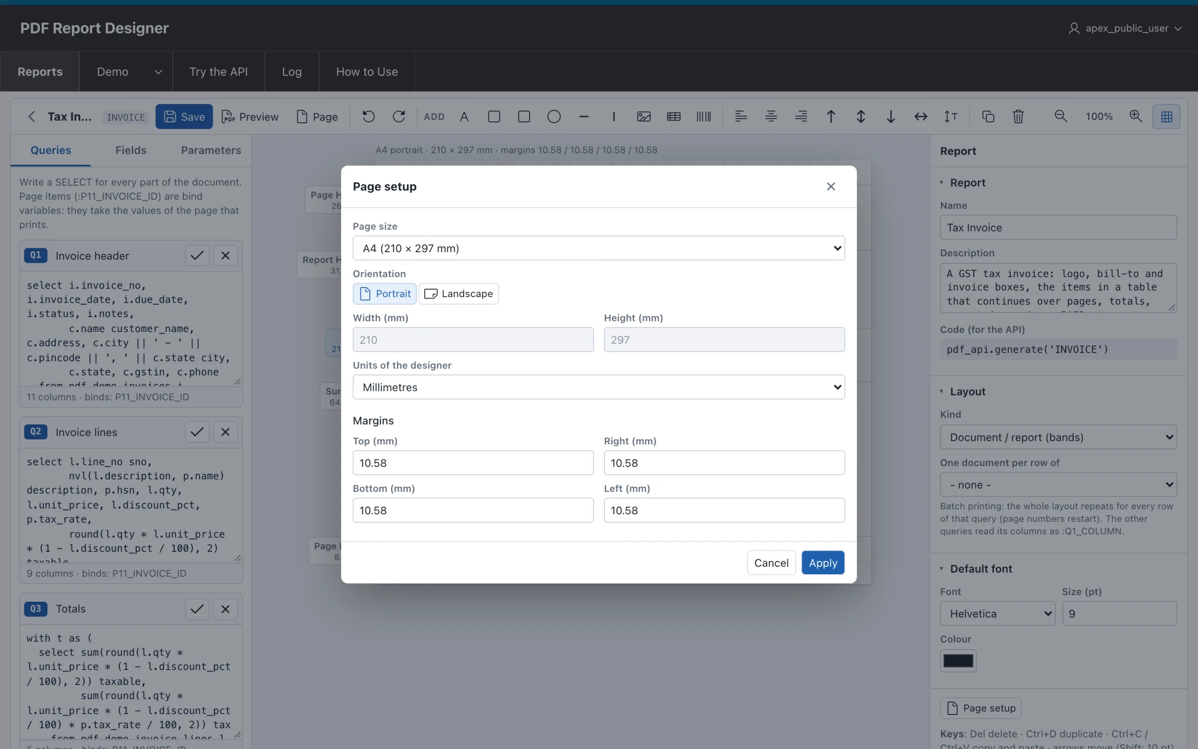 VinAura page setup: page size, orientation, width, height and margins