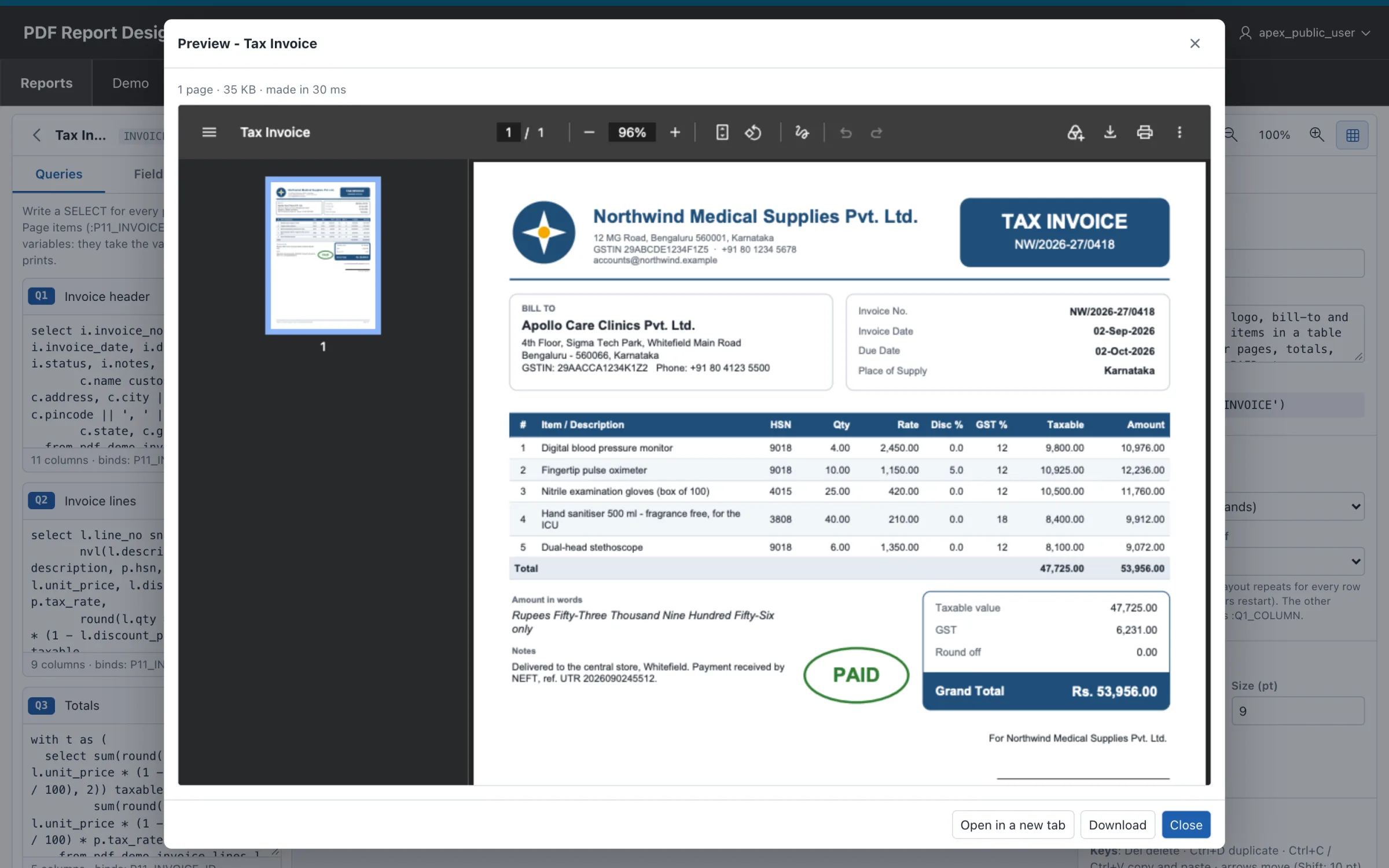 Preview of the invoice PDF in the designer