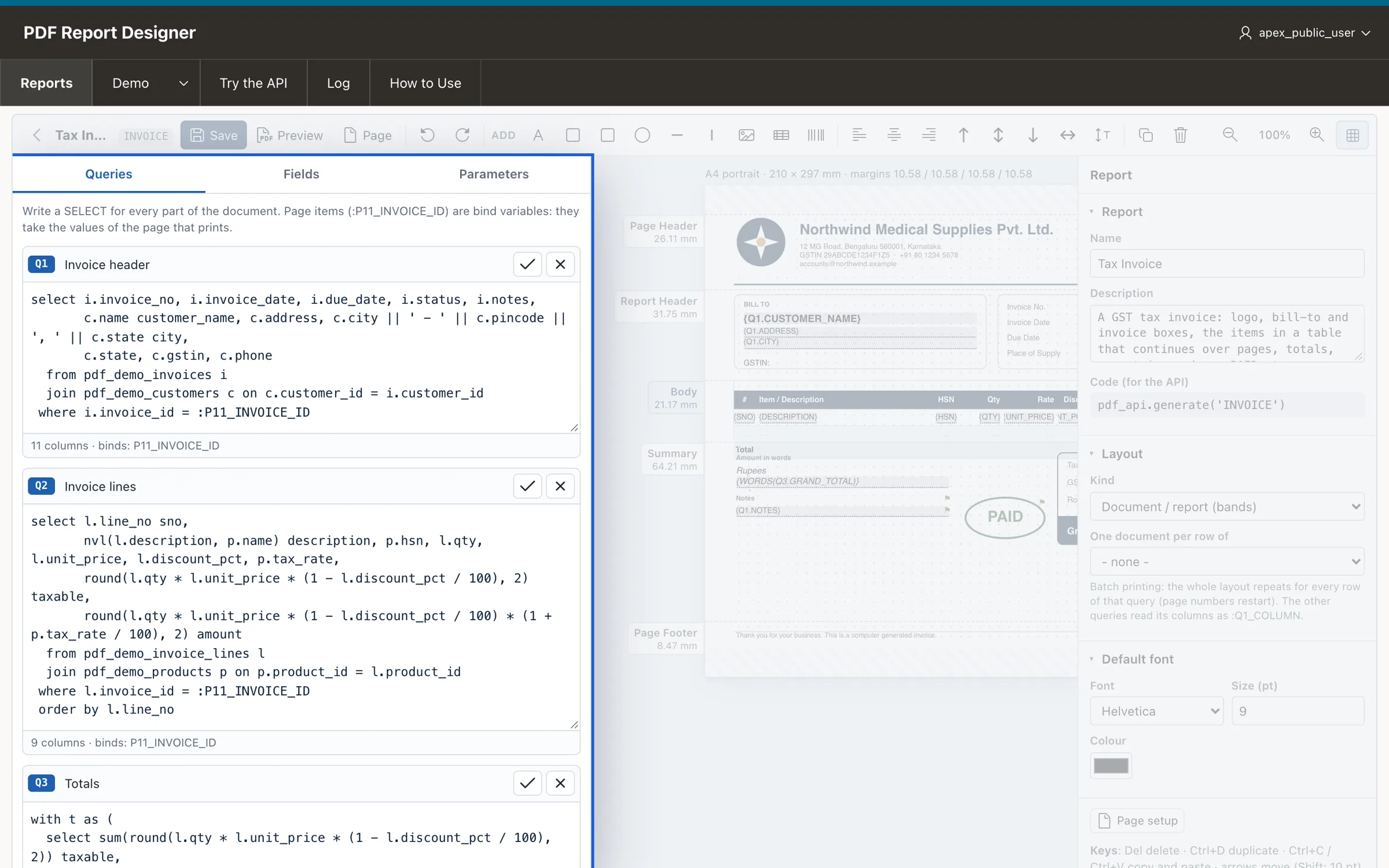 VinAura designer: the three queries of an invoice with their columns and bind variables