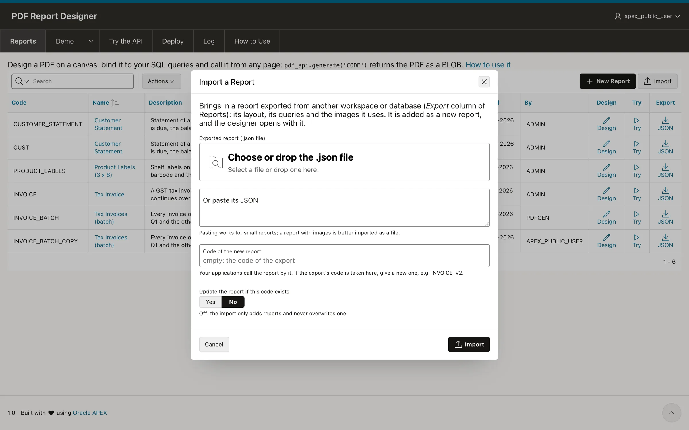 Import dialog for a PDF report definition in Oracle APEX
