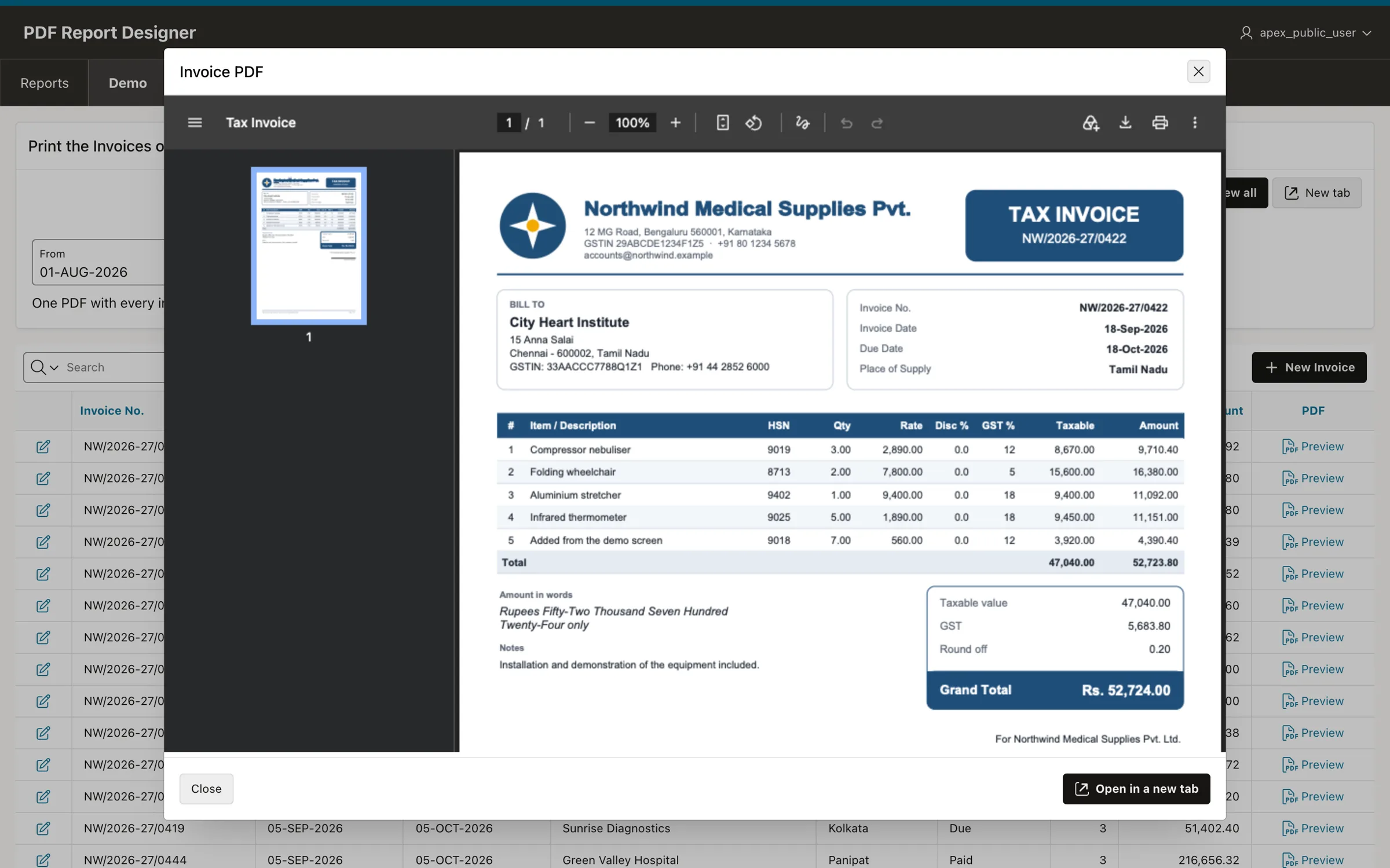 PDF invoice opened in a modal dialog in an Oracle APEX application