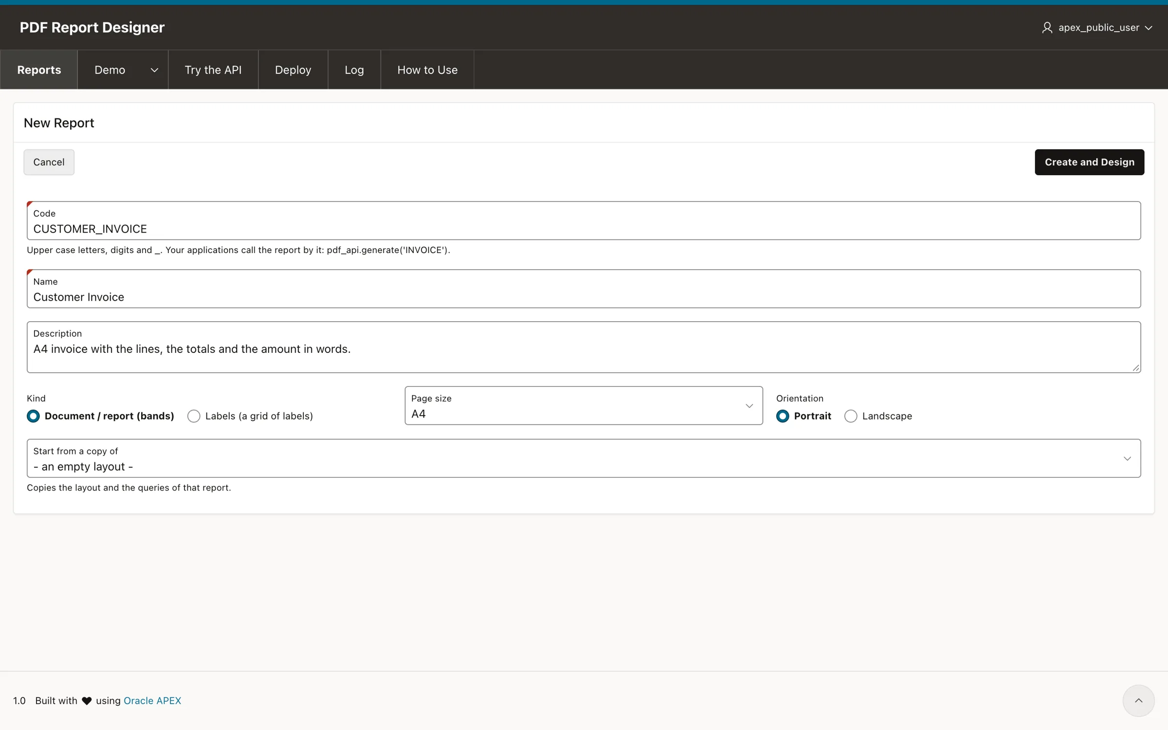 Creating a new PDF report in Oracle APEX with code, name and page size