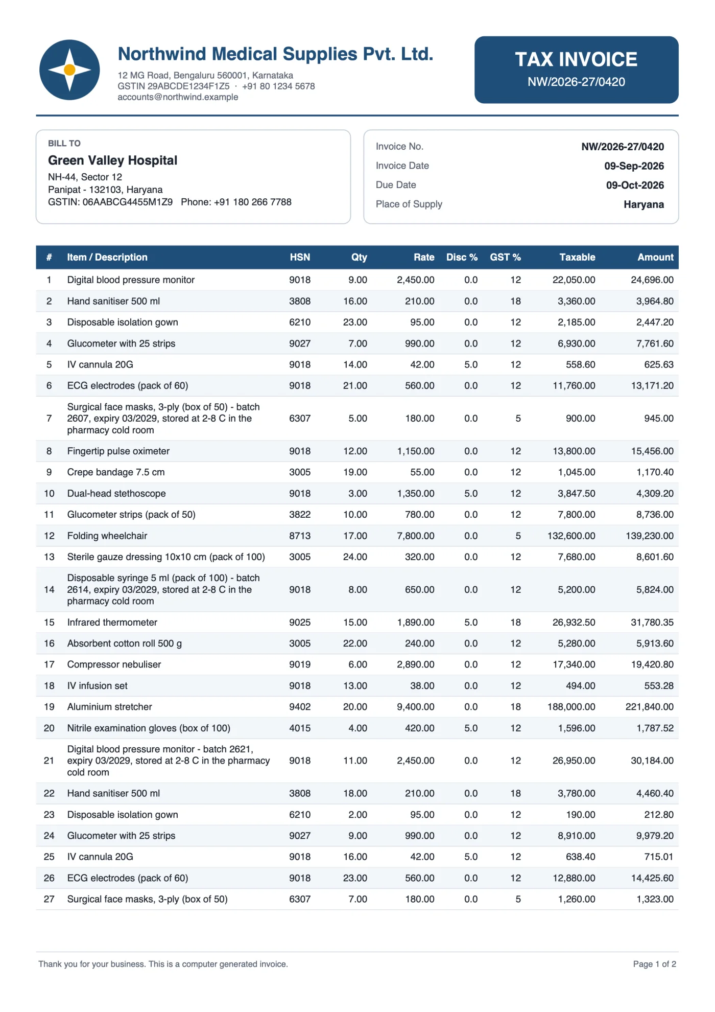 Page 1 of a long invoice