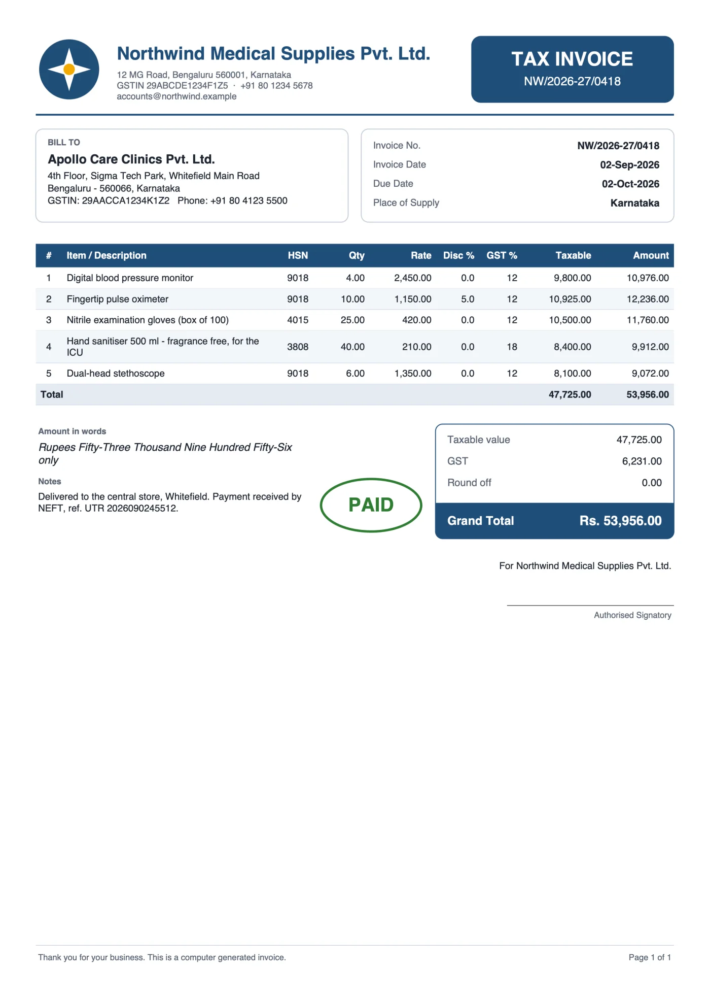 Tax invoice PDF from VinAura with a PAID stamp