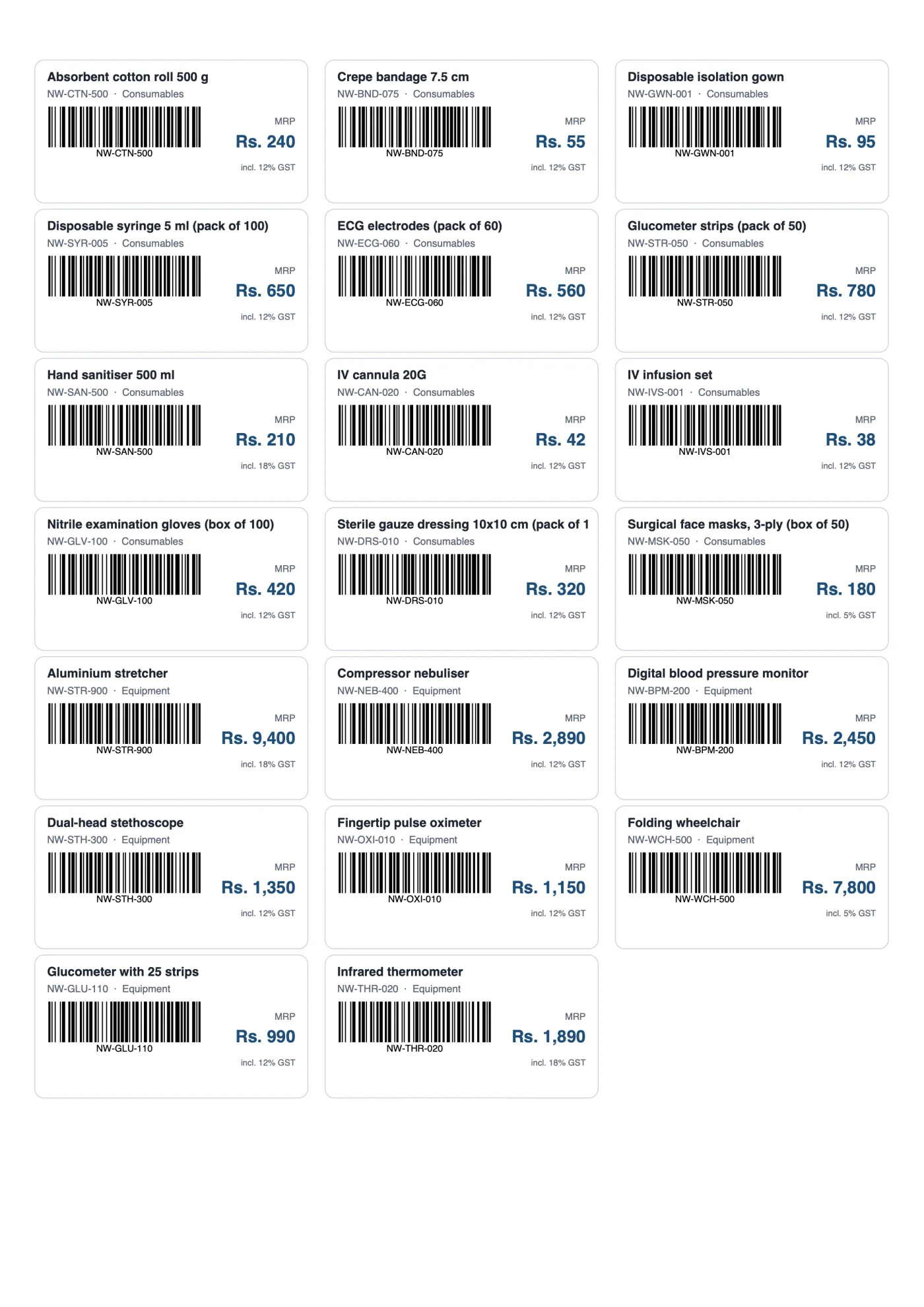 Sheet of product labels with barcodes