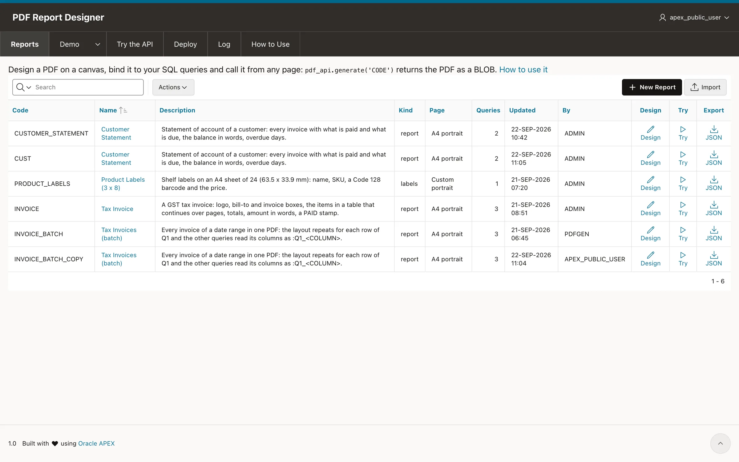 List of PDF reports in the Oracle APEX PDF report designer