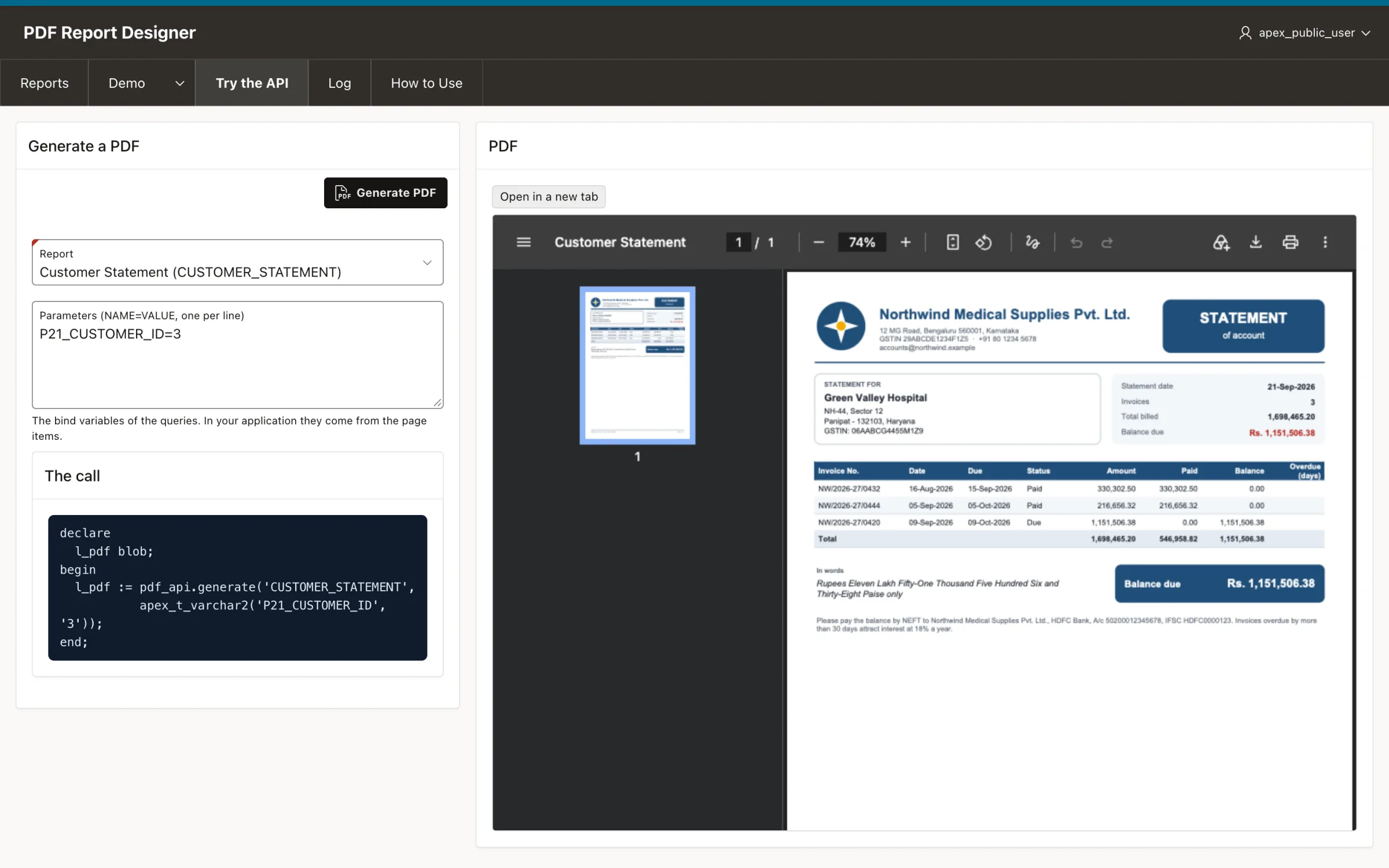 The Try the API page of VinAura