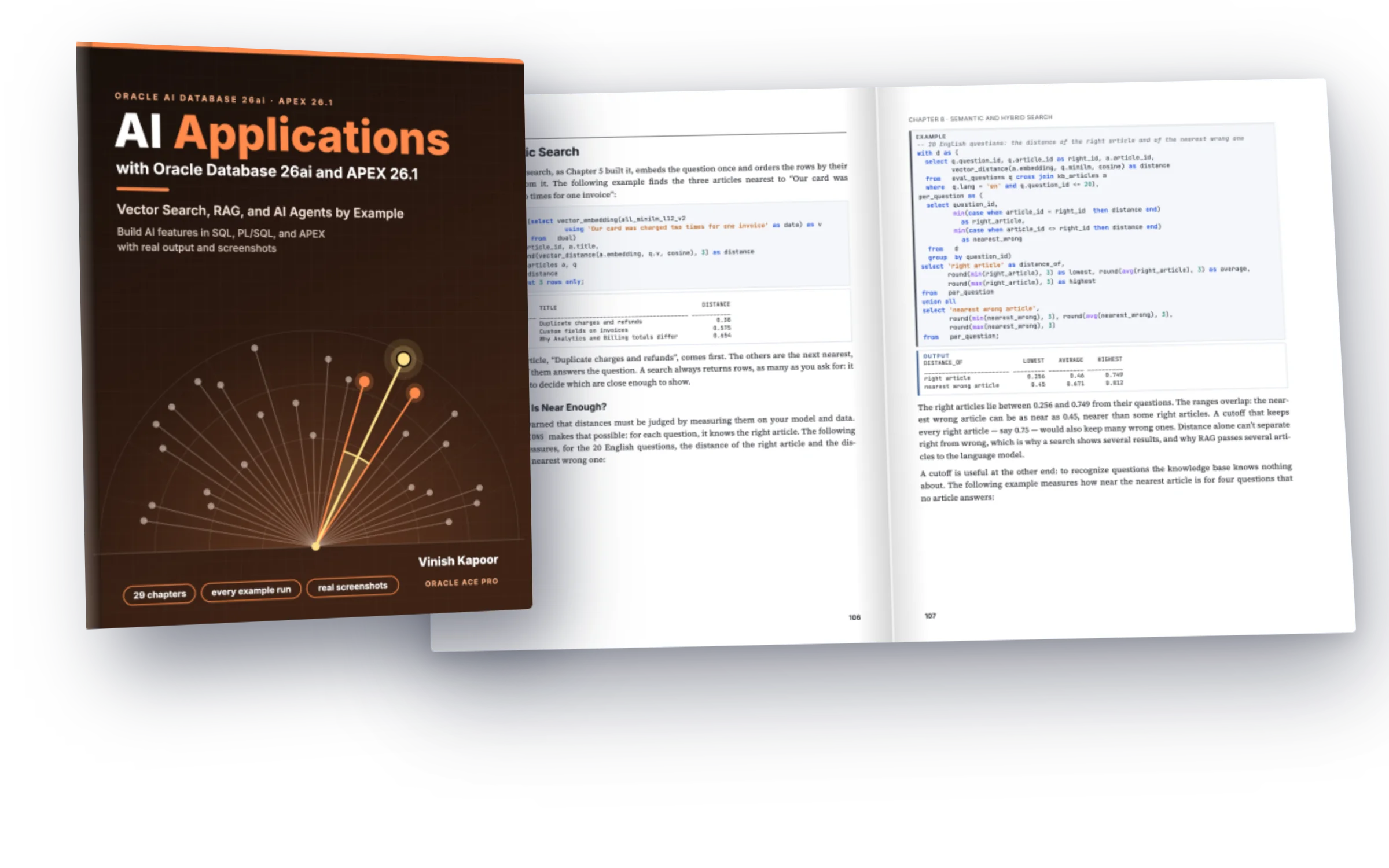 The book AI Applications with Oracle Database 26ai and APEX 26.1, in front of two facing pages of the chapter on semantic search