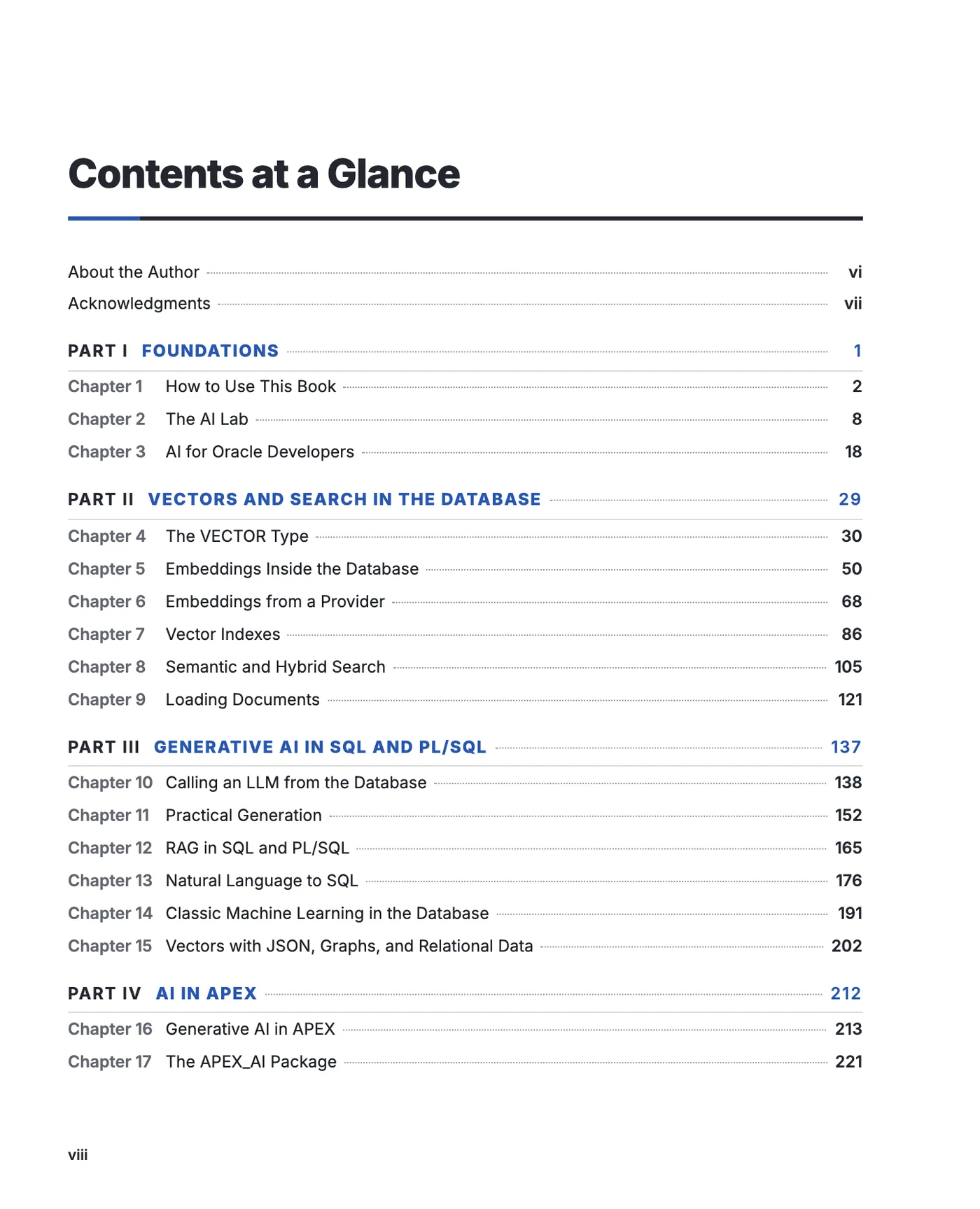 Contents at a Glance page of AI Applications with Oracle Database 26ai and APEX 26.1