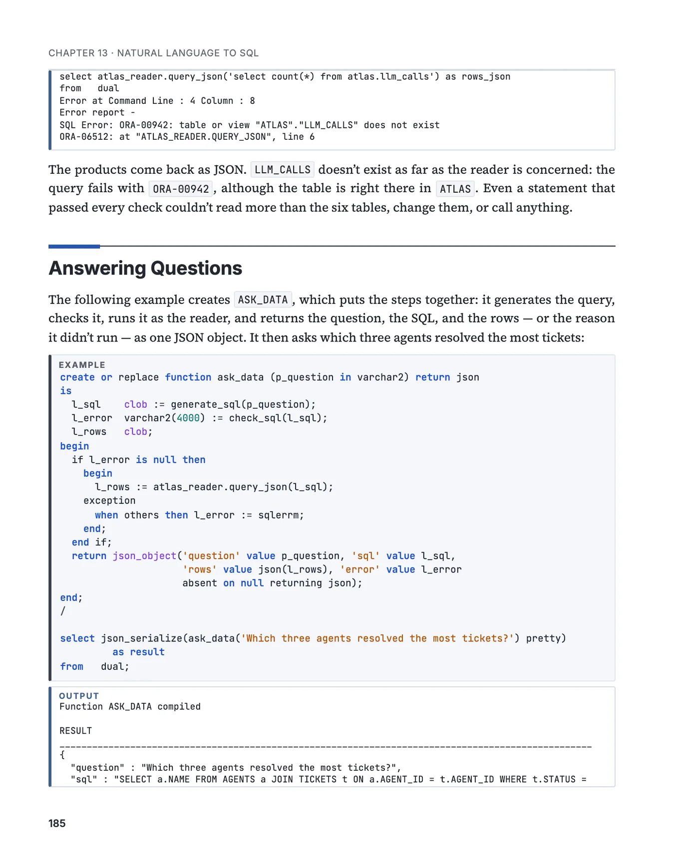 A page of chapter 13 with the function ASK_DATA and its result