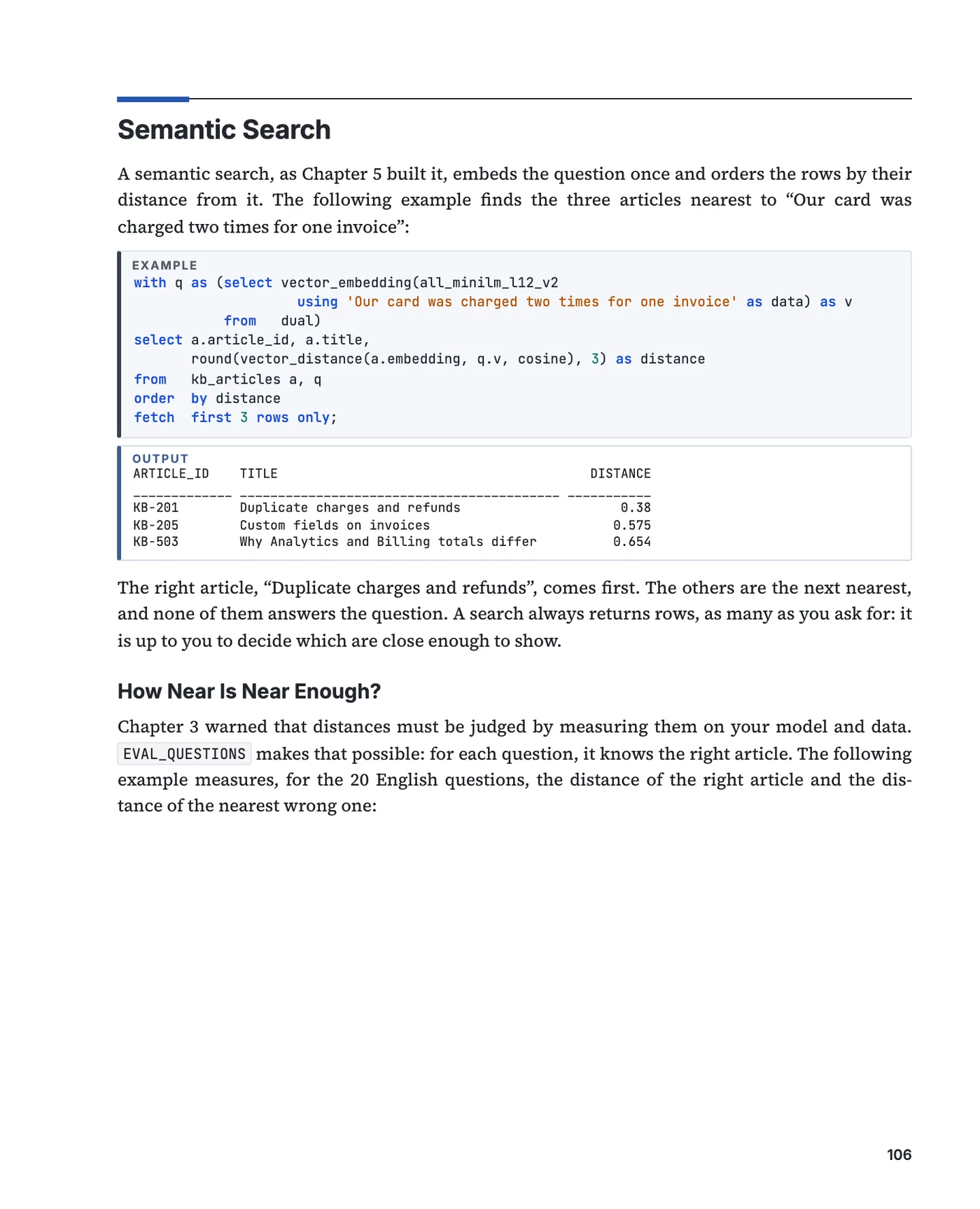 A page of chapter 8 with a semantic search and its output