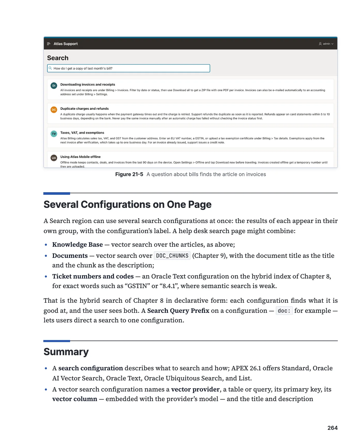 A page of chapter 21 with a vector search page of Atlas Support