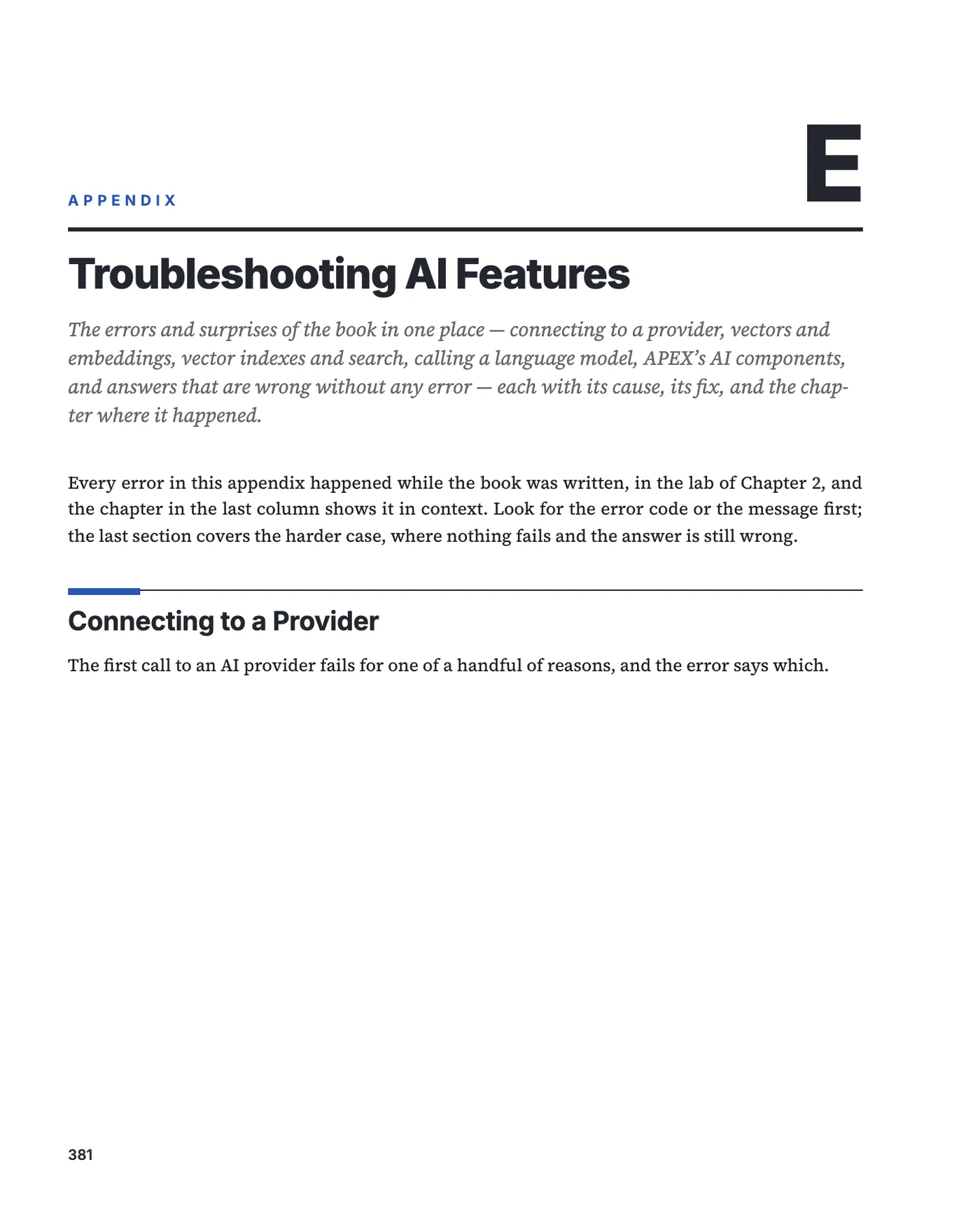 The first page of Appendix E, Troubleshooting AI Features