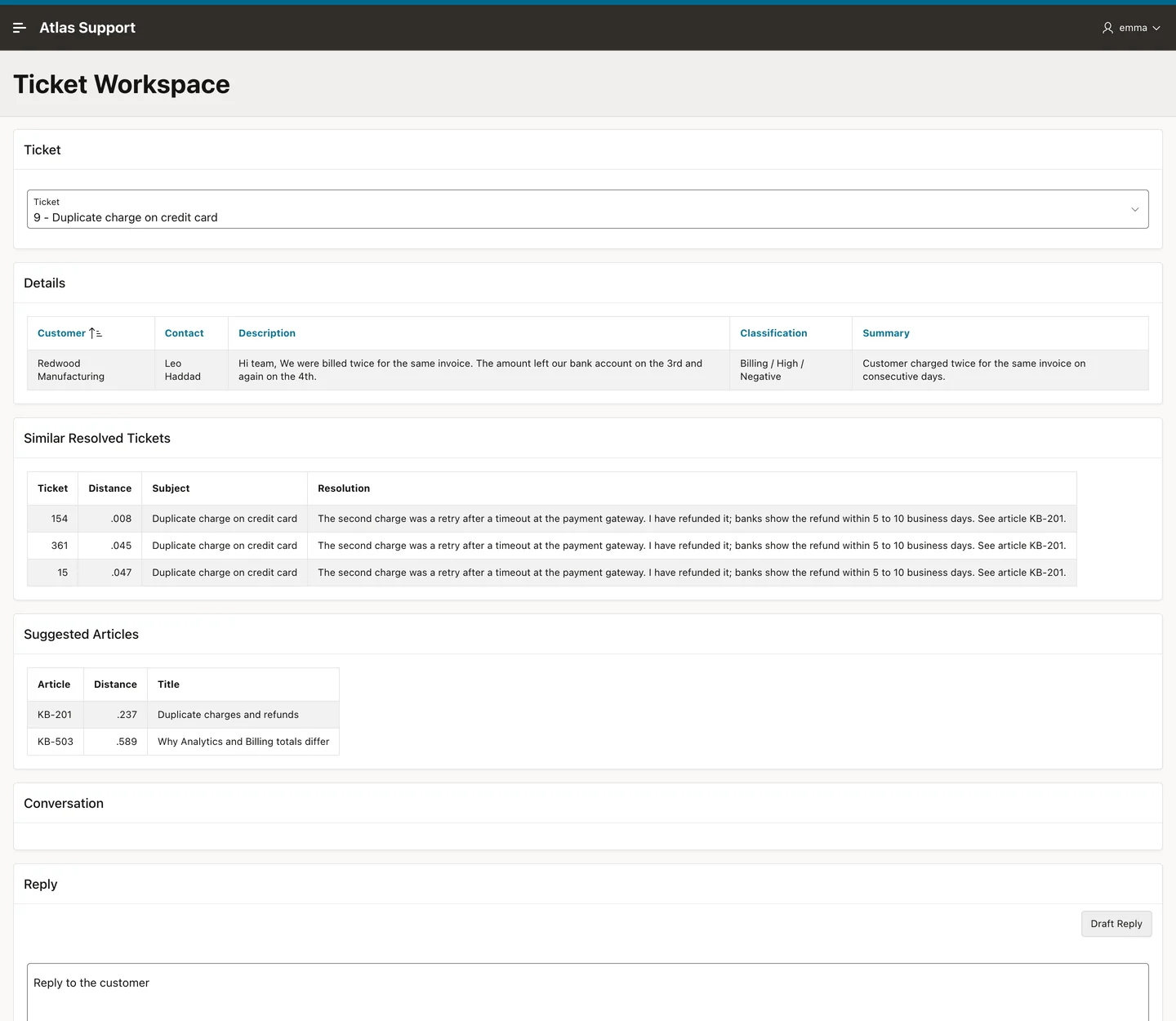 The Ticket Workspace with a ticket, similar resolved tickets, and suggested articles