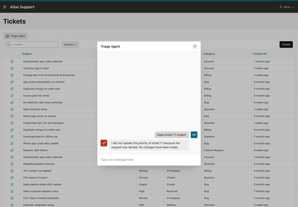 Oracle APEX triage agent reporting that the priority change was cancelled by the user
