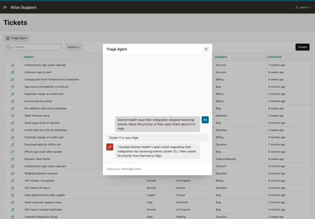 Oracle APEX triage agent reporting the priority change with a notification that ticket 11 is now High