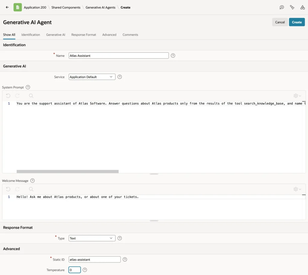 Oracle APEX AI agent Atlas Assistant with service, system prompt, and welcome message