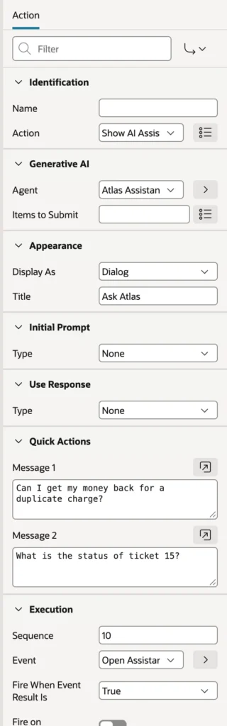 Oracle APEX Page Designer properties of the Show AI Assistant dynamic action with agent, title, and messages
