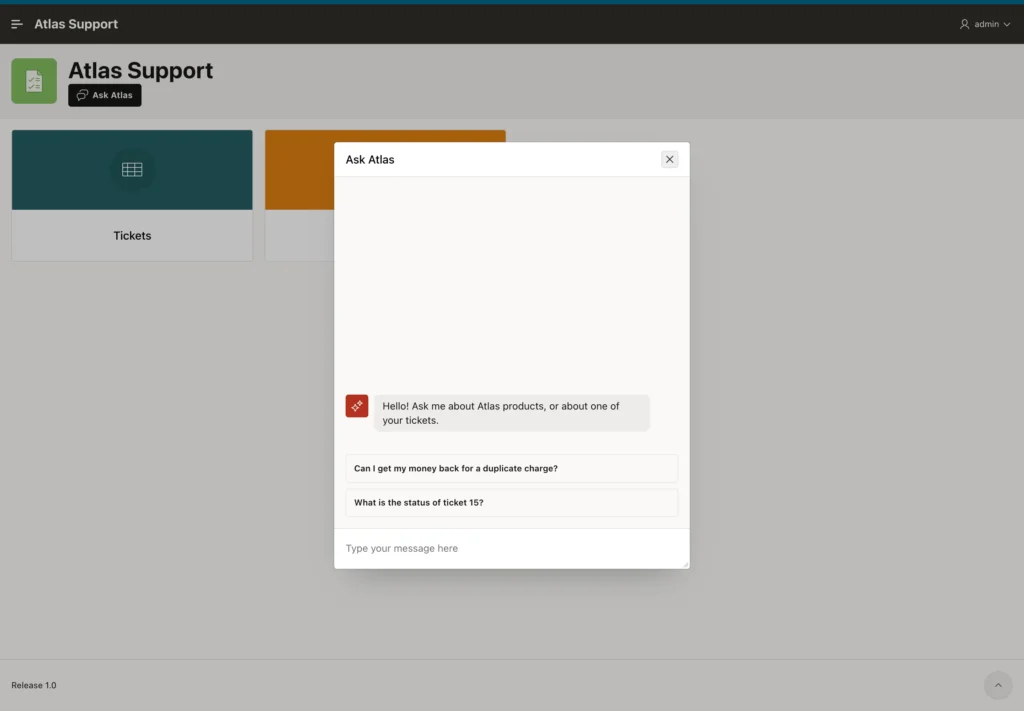 Oracle APEX AI assistant dialog with a welcome message and two suggested questions