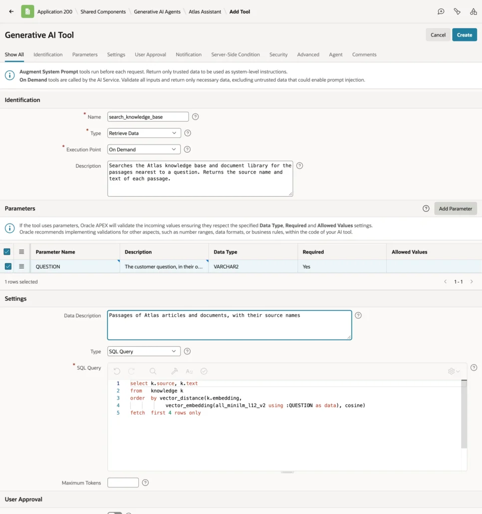 Oracle APEX AI agent tool search_knowledge_base of type Retrieve Data with a SQL query and QUESTION parameter