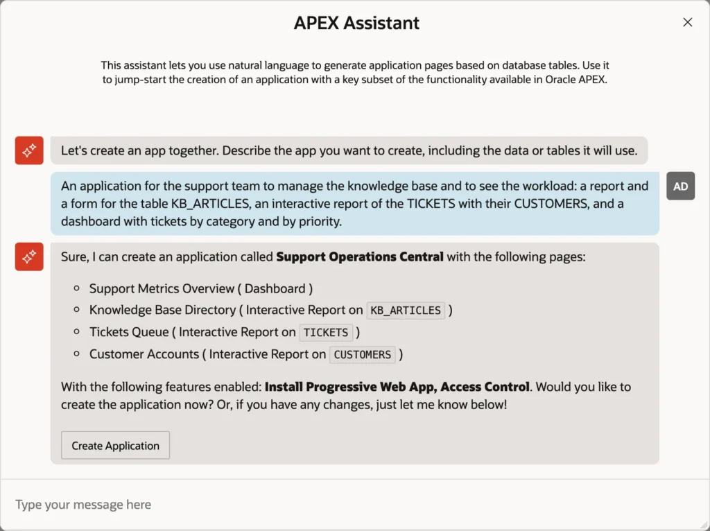 Oracle APEX Assistant proposing an application with a dashboard and interactive reports from a description