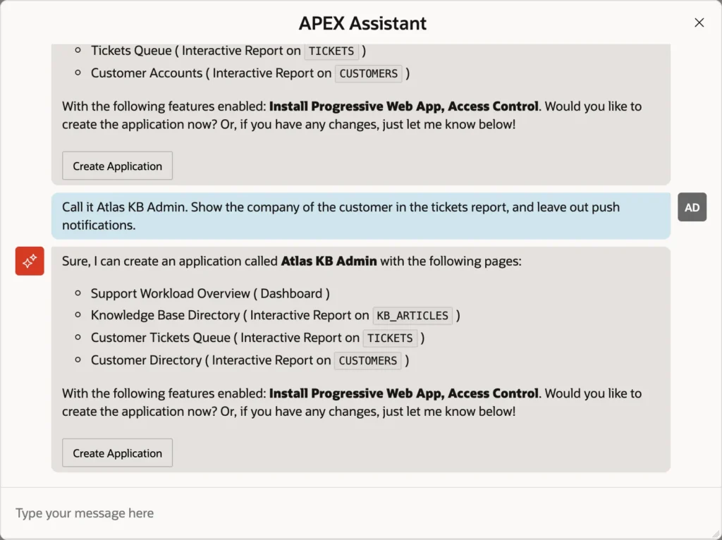 Oracle APEX Assistant revised proposal named Atlas KB Admin with renamed pages