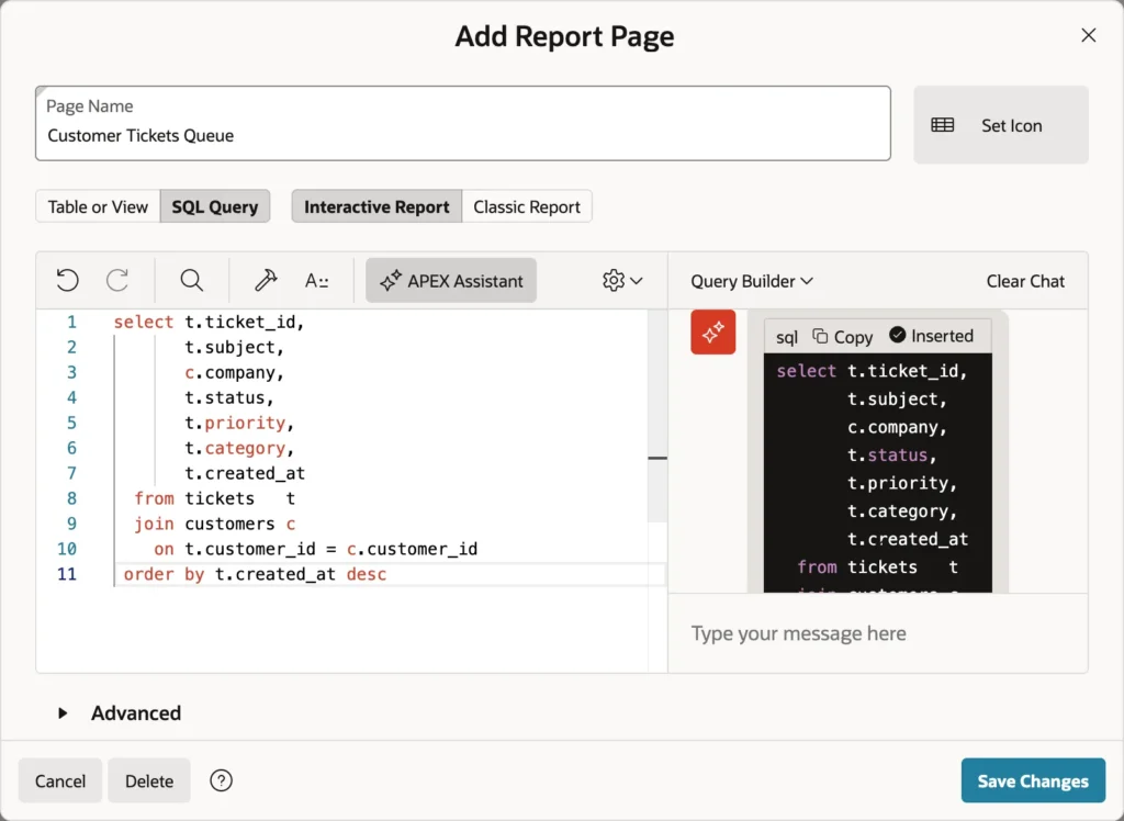 Oracle APEX Assistant in the wizard writing a SQL query that joins tickets and customers