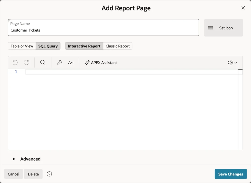 Oracle APEX Add Report Page dialog with SQL Query selected and an empty editor with the APEX Assistant button
