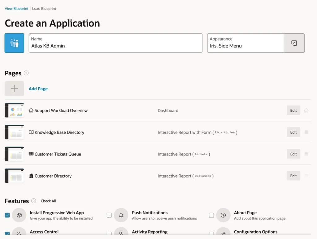 Oracle APEX Create App wizard filled in with pages and features from the AI conversation