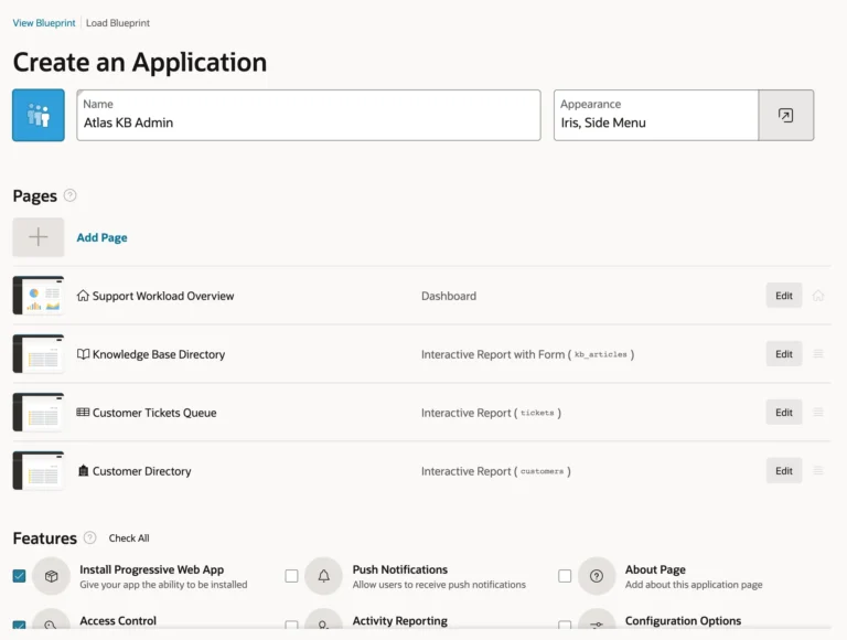 Oracle APEX Create App wizard filled in with pages and features from the AI conversation