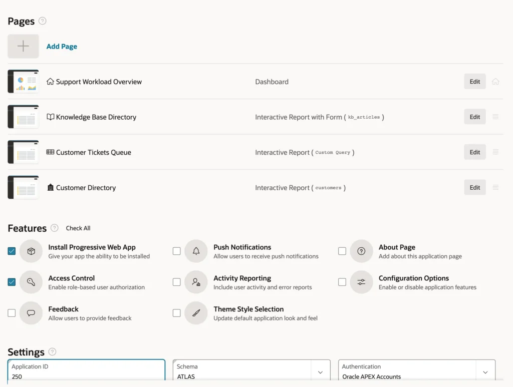 Oracle APEX Create App wizard with the tickets page changed to a custom query interactive report