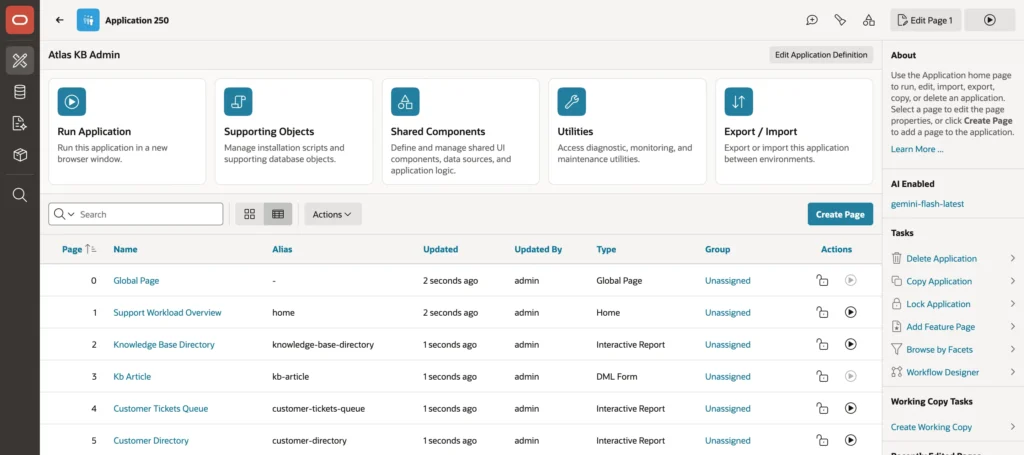 Oracle APEX application Atlas KB Admin created with dashboard, knowledge base, tickets, and customer pages