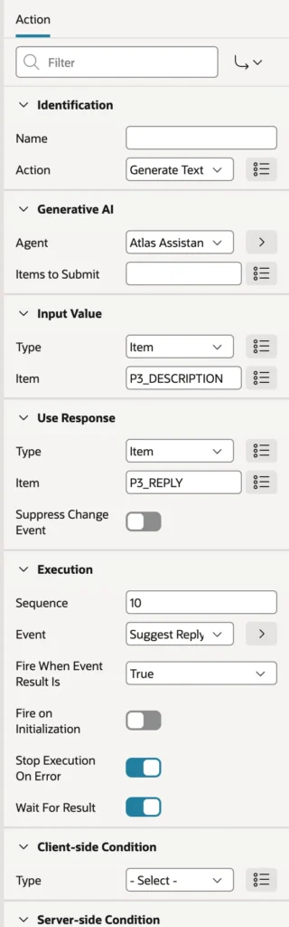 Oracle APEX Page Designer properties of the Generate Text With AI dynamic action using an AI agent