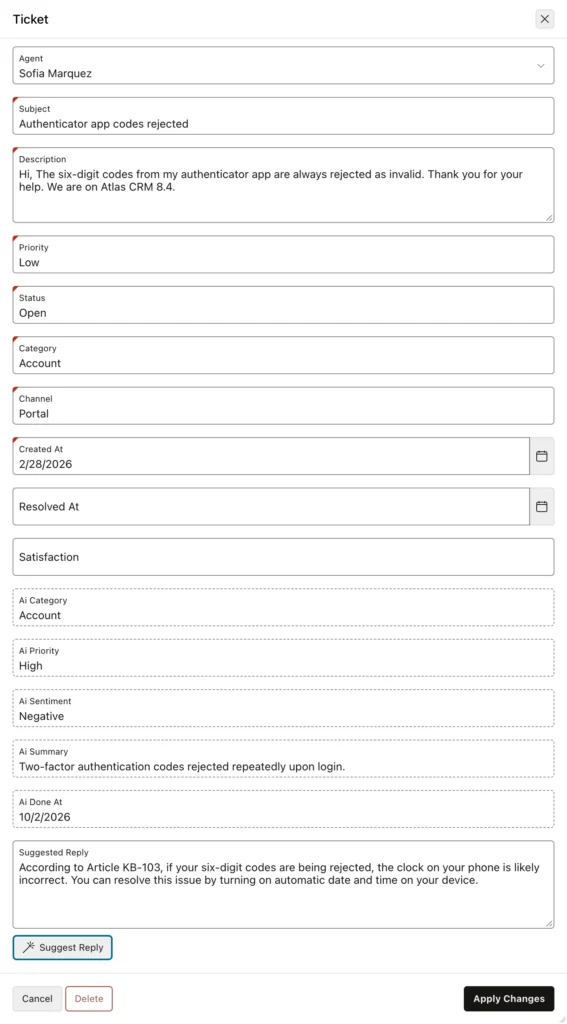 Oracle APEX ticket form with a suggested reply drafted from a knowledge base article