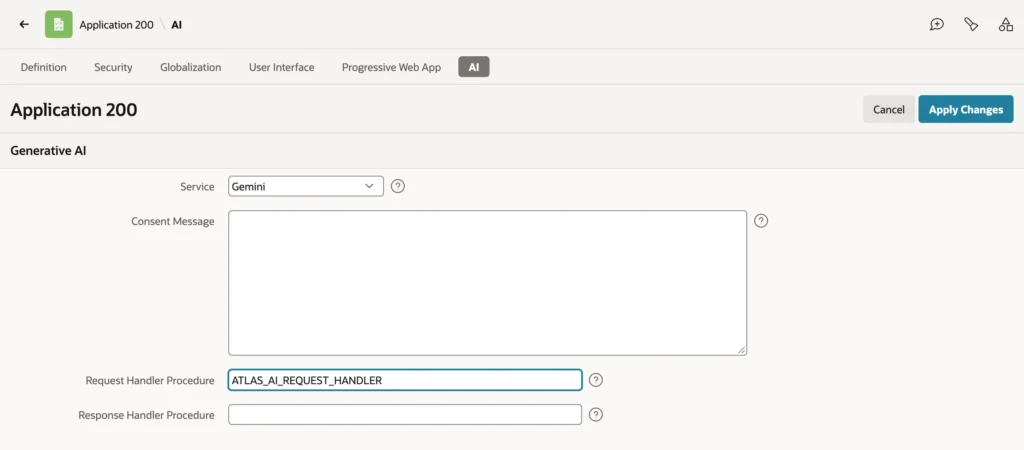 Oracle APEX application AI attributes with ATLAS_AI_REQUEST_HANDLER as the request handler procedure