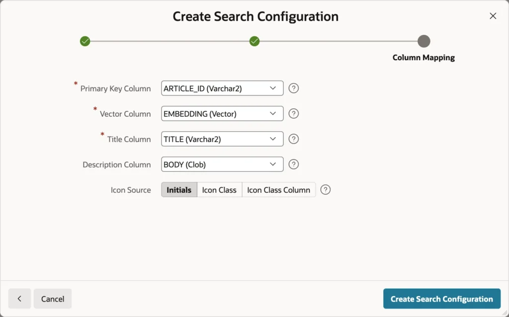 Oracle APEX vector search configuration column mapping with primary key, vector, title, and description columns