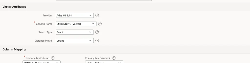 Oracle APEX search configuration vector attributes with provider, search type, distance metric, maximum distance, and maximum rows