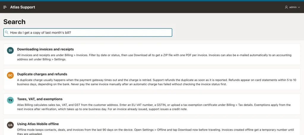Oracle APEX search page finding the article on downloading invoices for a question about bills