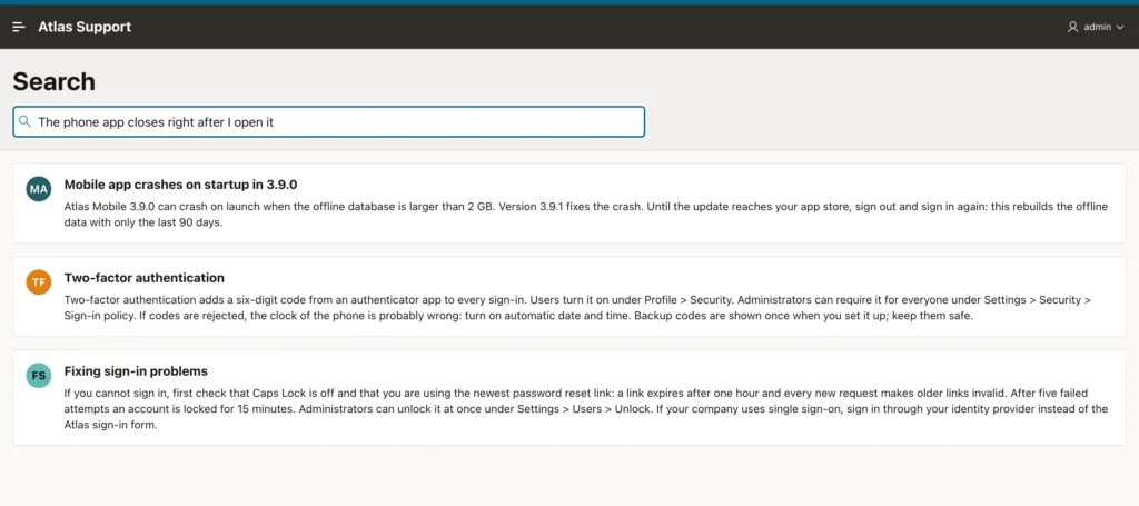 Oracle APEX search page finding the mobile app crash article for a question about the phone app closing