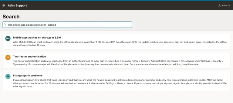 Oracle APEX search page finding the mobile app crash article for a question about the phone app closing