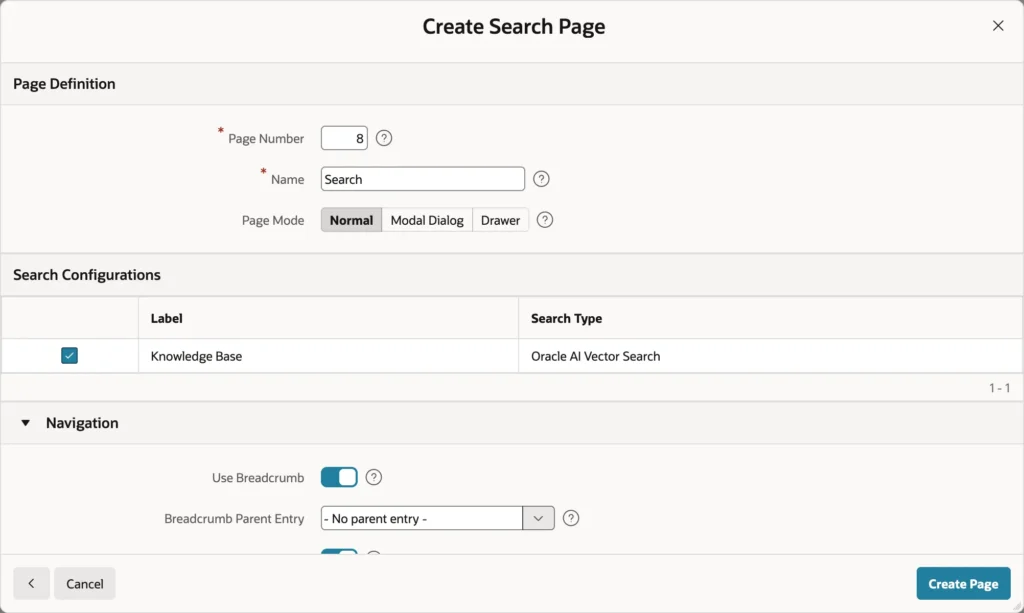 Oracle APEX Create Page wizard for a search page using the Knowledge Base search configuration