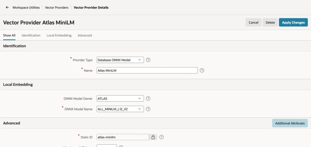 Oracle APEX vector provider Atlas MiniLM of type Database ONNX Model using ALL_MINILM_L12_V2