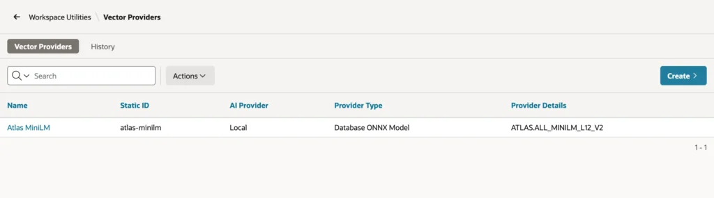 Oracle APEX list of workspace vector providers with Atlas MiniLM