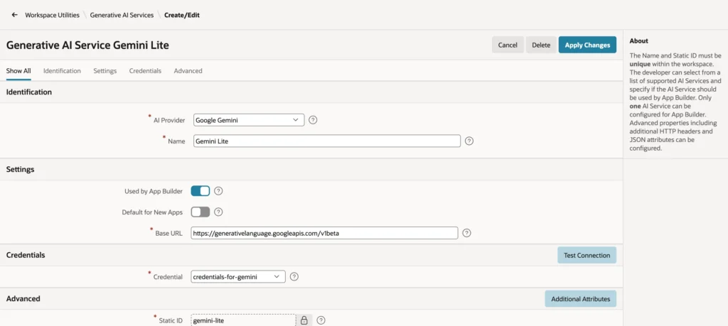 Oracle APEX Generative AI services list with Gemini Lite used by App Builder