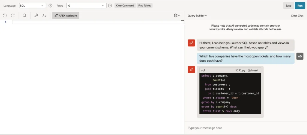 Oracle APEX Assistant in SQL Commands writing a query that joins customers and tickets