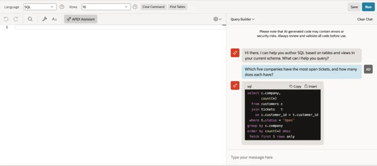 Oracle APEX Assistant in SQL Commands writing a query that joins customers and tickets