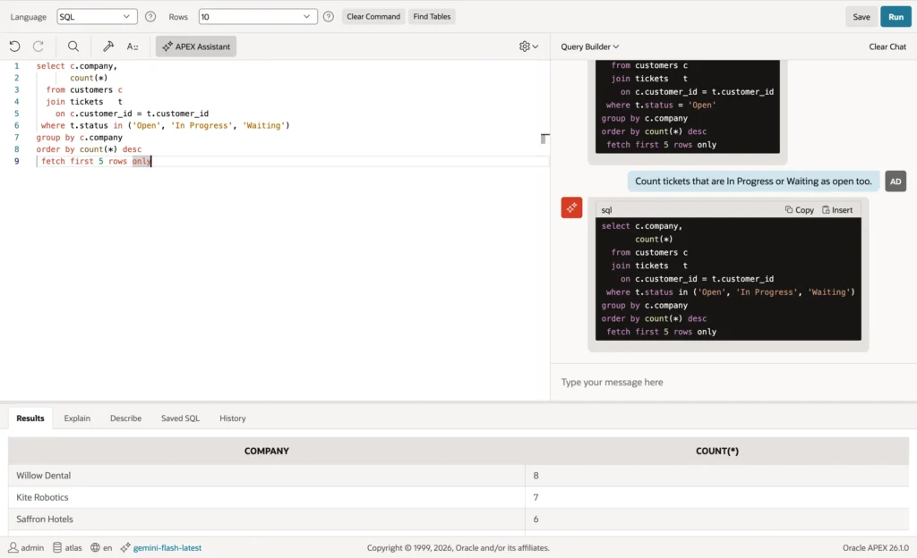 Oracle APEX SQL Commands running the corrected query with five companies and their open ticket counts